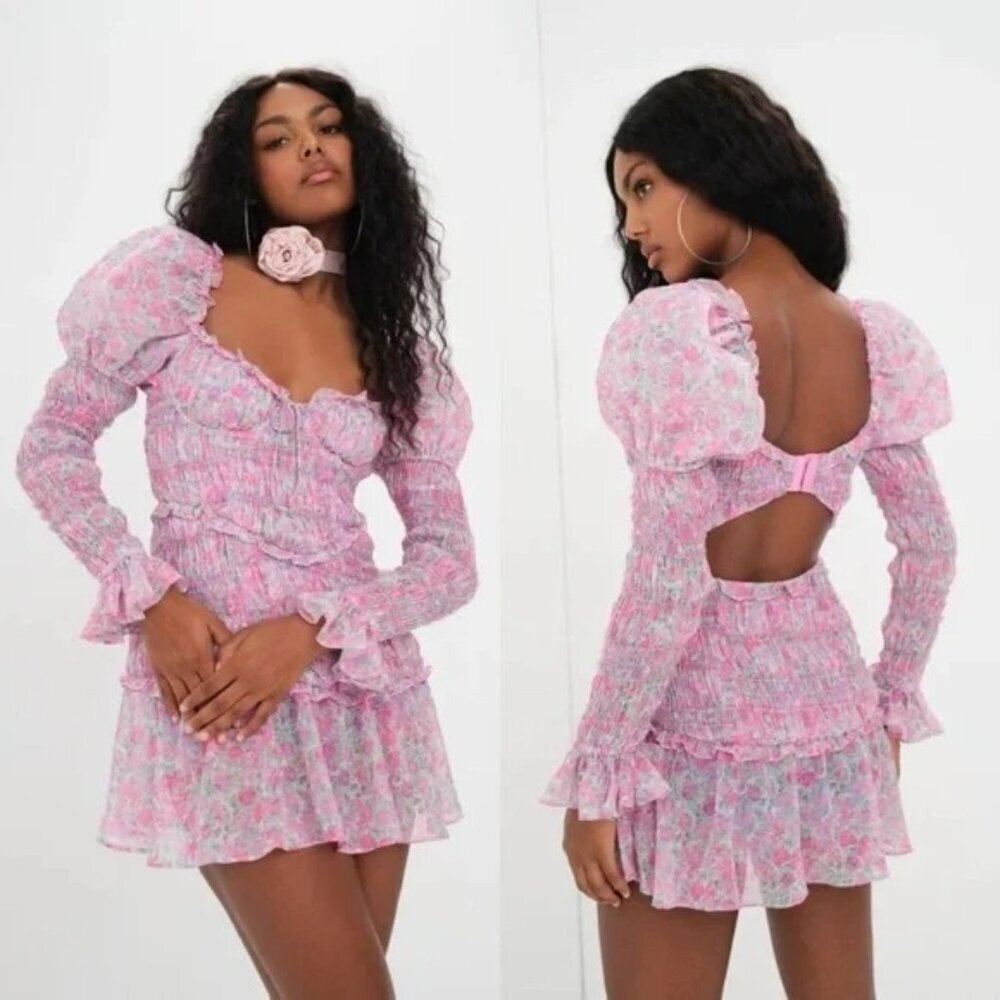 NWT For Love & Lemons Oakley Smocked Floral Mini Dress Size M Pink Purple Green